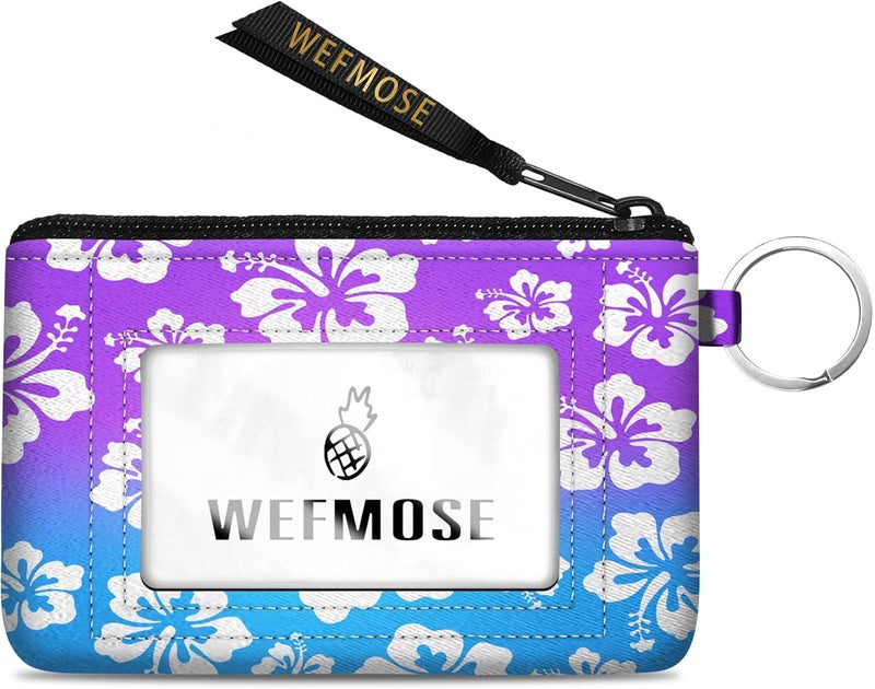 WEFMOSE Small Wallet Keychain with Clear ID Window Zipper Cute ID Case Coin Purse for Women Water Resistant Coin Pouch-Hawaiian Floral-Purple Keychain Wallet - Image 1